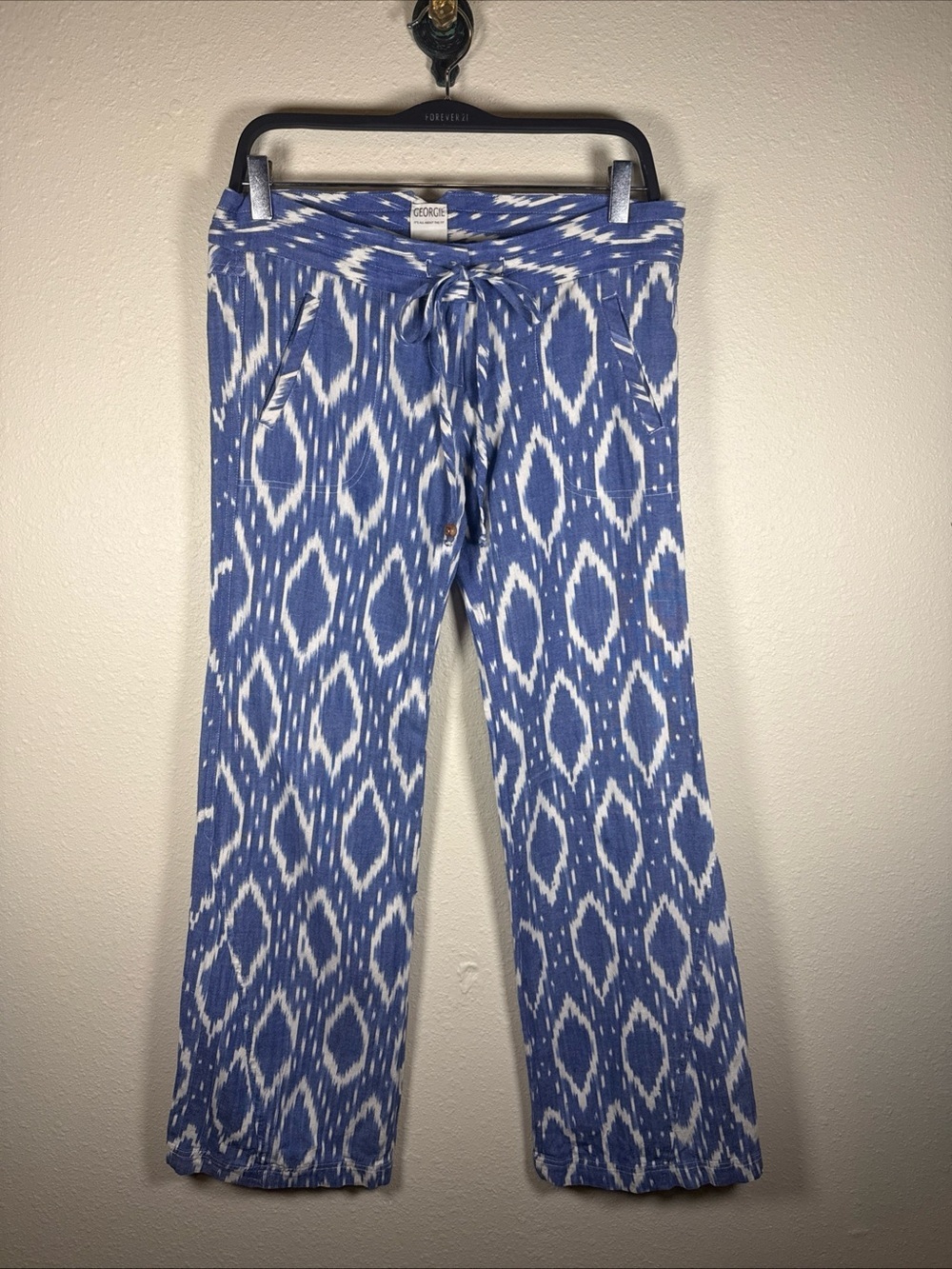 Georgie Low Rise Wide Leg Aztec Print Blue And White Pant Cotton 4 Beach Resort